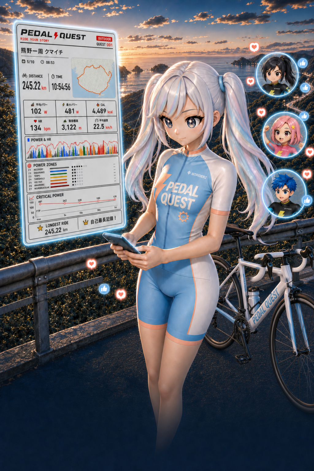 熊野一周クマイチのライド結果に届いた友人からのいいねを確認し、走った冒険を共有するPEDAL QUESTライダー