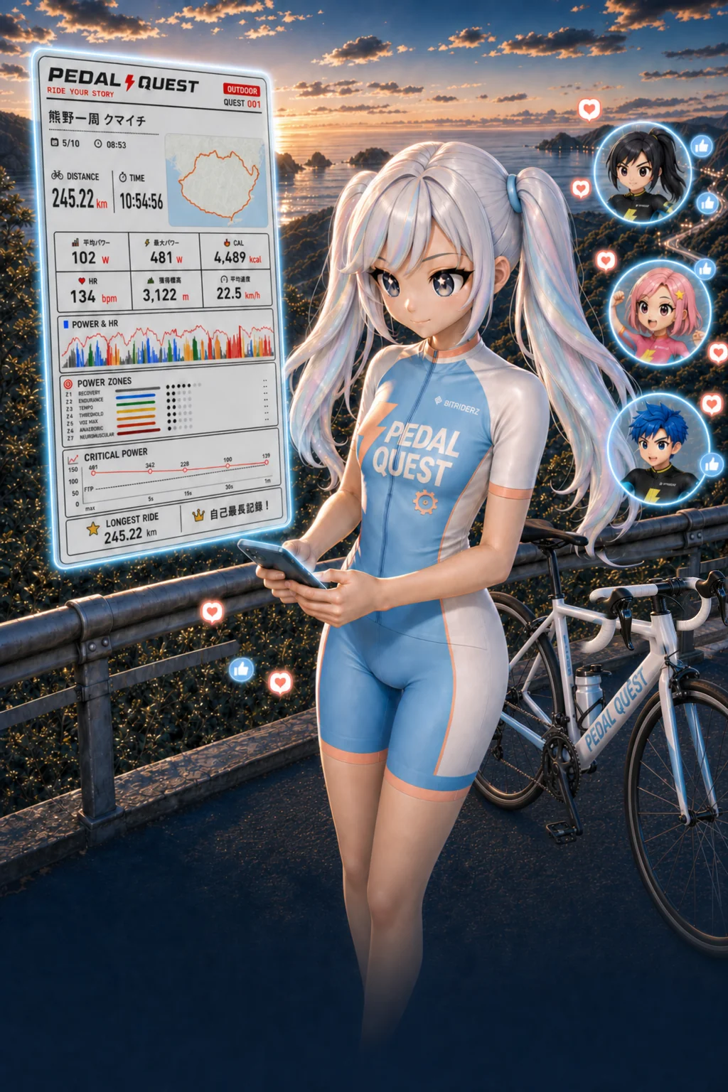 熊野一周クマイチのライド結果に届いた友人からのいいねを確認し、走った冒険を共有するPEDAL QUESTライダー