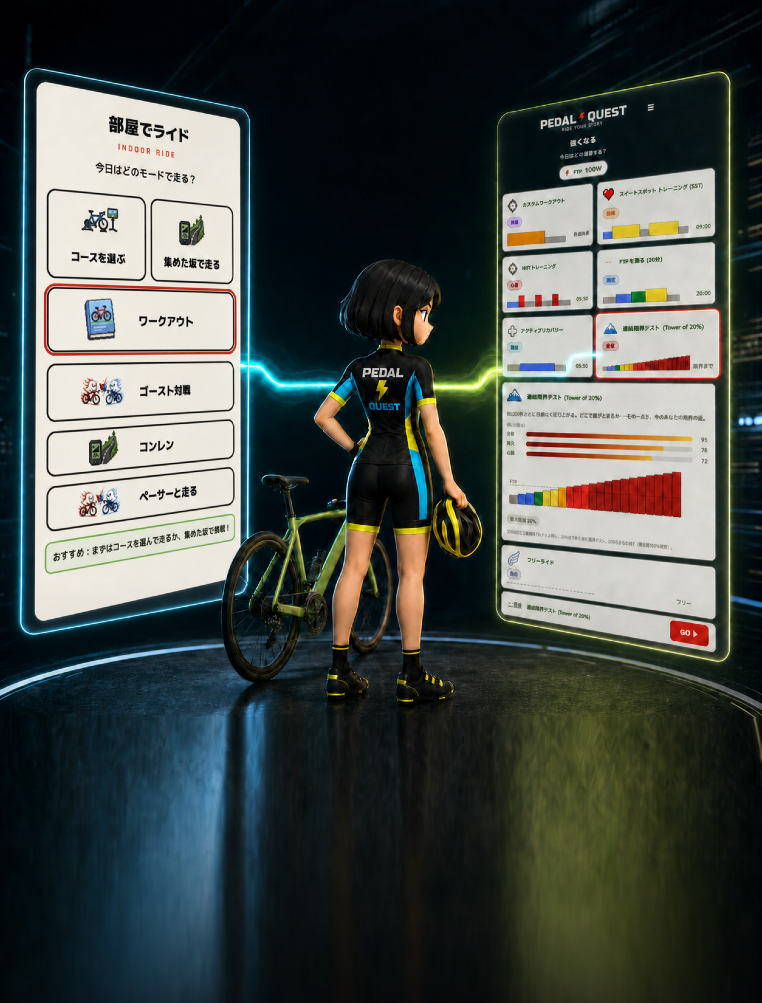 部屋でライドのモード選択とワークアウト選択を確認するPEDAL QUESTライダー
