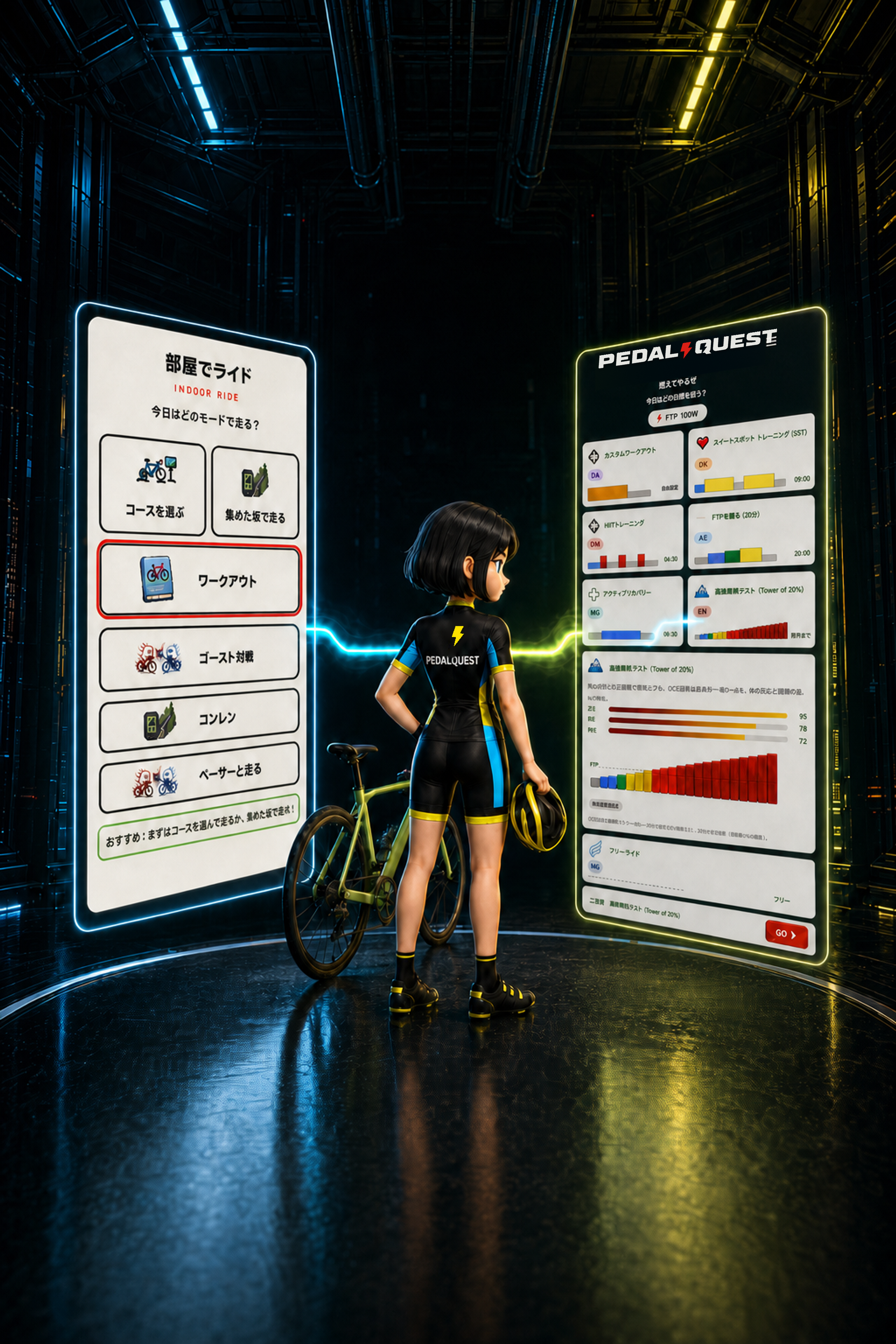 部屋でライドのモード選択とワークアウト選択を確認するPEDAL QUESTライダー