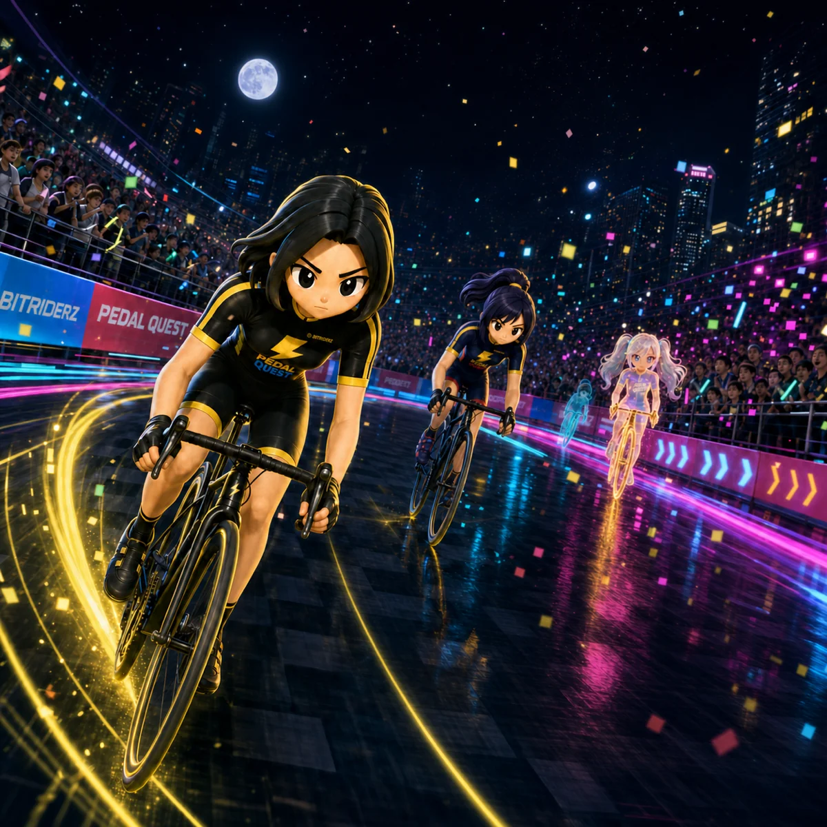 ナイトクリテリウムで前後に間隔を取り、友達と公式ゴーストを追うPEDAL QUESTのライバルバトル